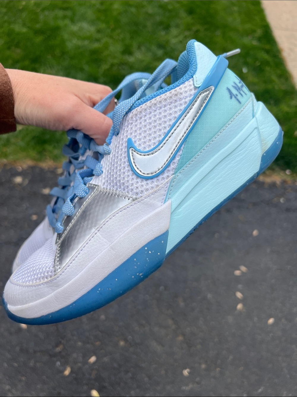 Nike Ja Morant size 4 boys Sky Blue, White and Silver Low-Top Sneakers